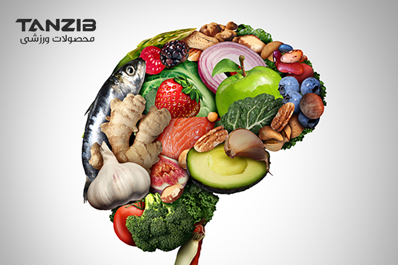 تصویری از خوراکی ها و مواد غذایی در قالب مغز برای رژیم فستینگ همراه با لوگوی تن زیب