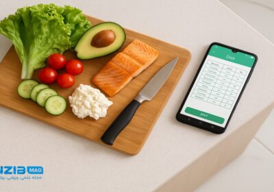 مواد غذایی سالم کنار اپلیکیشن لاغری روی گوشی موبایل