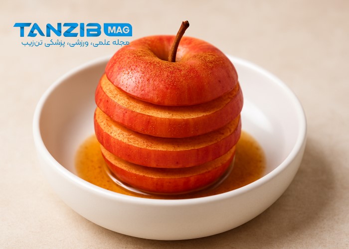 سیب برش خورده با دارچین . یک اسنگ رژیمی زیر 100 کالری لذیذ.