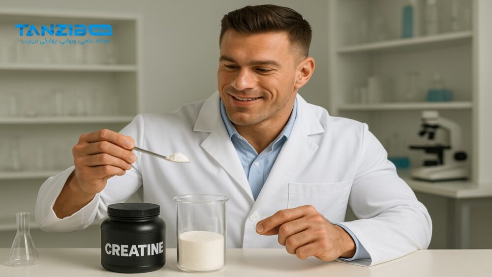 مکمل کراتین چیست؟مرد با روپوش آزمایشگاهی در حال اندازه‌گیری پودر مکمل کراتین