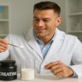 مکمل کراتین چیست؟مرد با روپوش آزمایشگاهی در حال اندازه‌گیری پودر مکمل کراتین
