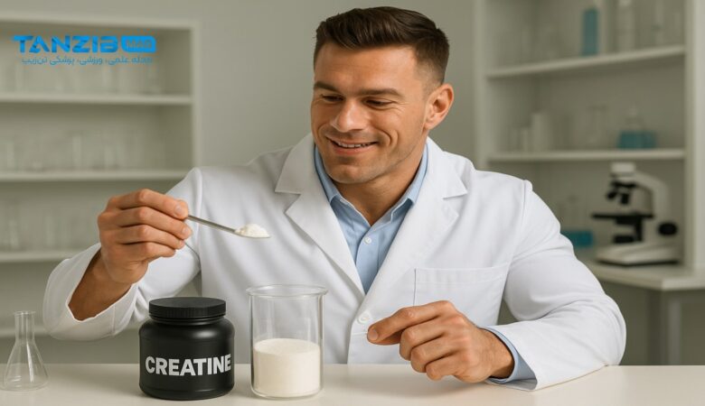 مکمل کراتین چیست؟مرد با روپوش آزمایشگاهی در حال اندازه‌گیری پودر مکمل کراتین