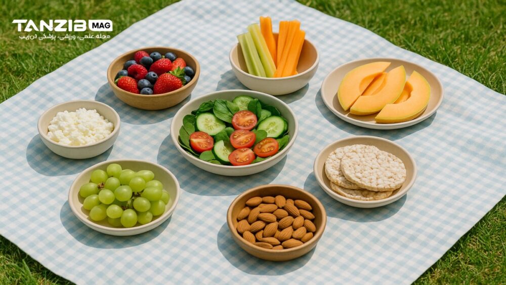 اسنک رژیمی برای مهمانی و سفر (زیر 100 کالری)؛ میوه، سبزیجات، رایس‌کیک و بادام