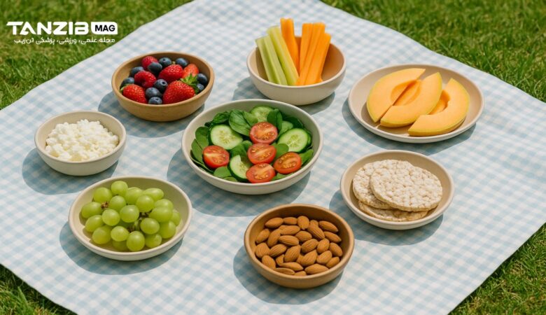اسنک رژیمی برای مهمانی و سفر (زیر 100 کالری)؛ میوه، سبزیجات، رایس‌کیک و بادام