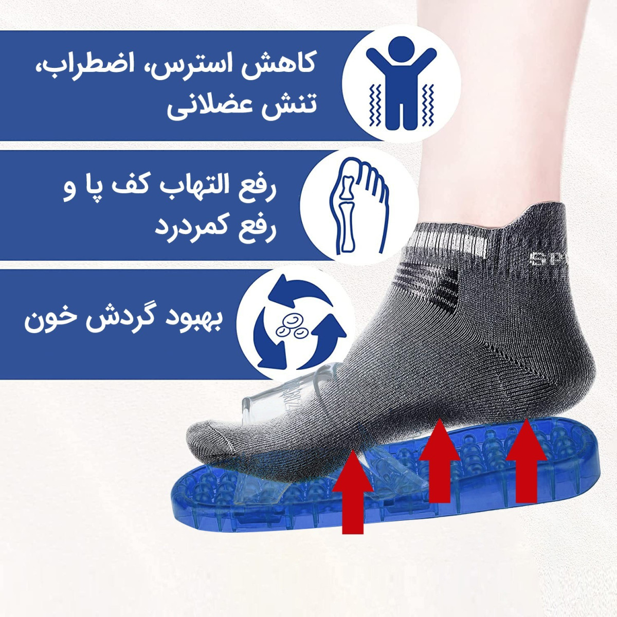 عکسی توضیحی و اینفوگرافی و نمداری از فوائد دمپایی ماساژوری تن زیب با توضیح و گراف