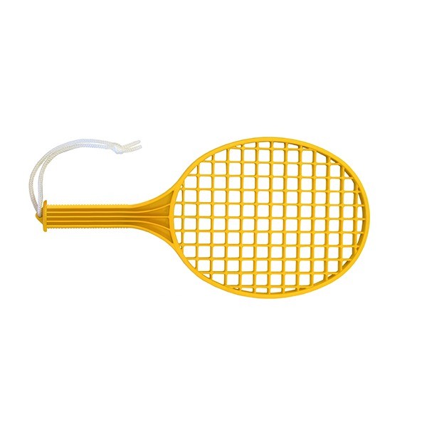 راکت زرد برای بازی توپ تاپ یا تنیس در خانه با بک سفید