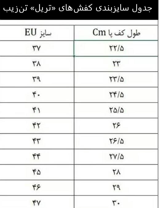 جدول راهنمای سایز کفش های تریل تن زیب