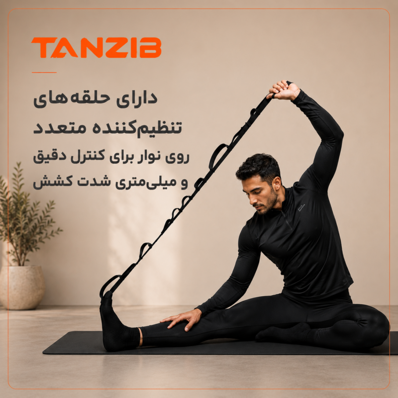 باند یوگا تنزیب مدل جورابی (مخصوص کشش و توانبخشی) | تن زیب مرد ورزشکار در حال استفاده از باند یوگا جورابی تن زیب در محیط خانه +اینفوگرافی توضیح حلقه های متعدد روی محصول