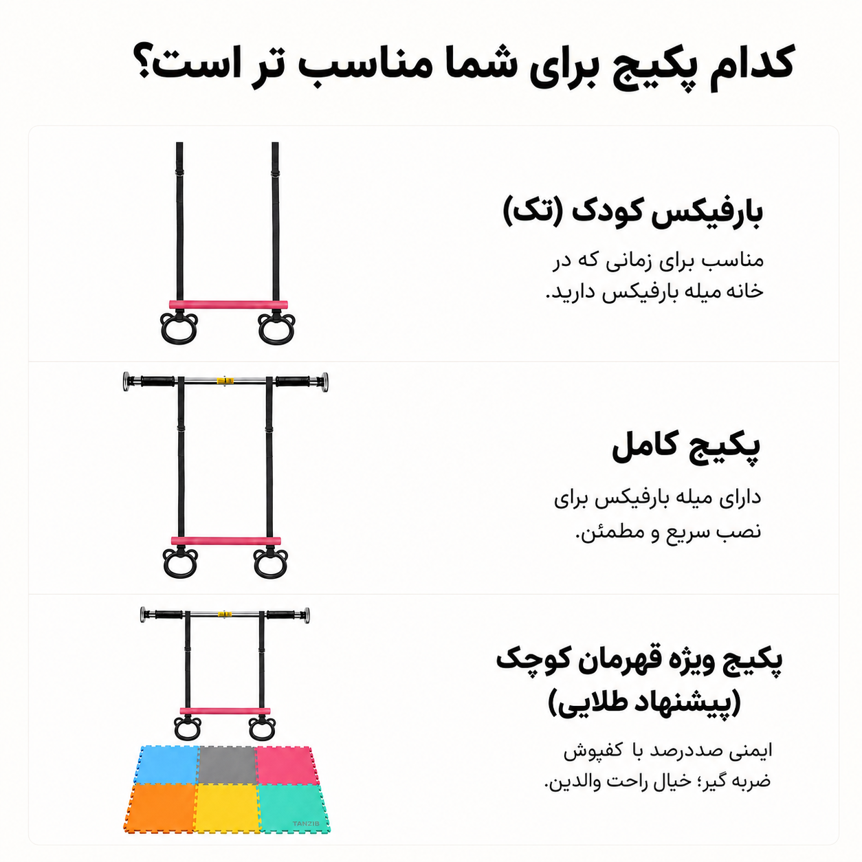 توضیح متغیر های بارفیکس کودک تن زیب بارفیکس کودک دسته دار تنزیب - با مغزی فلزی محکم