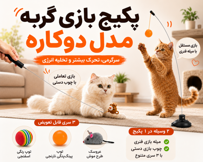 پکیج بازی و سرگرمی گربه تنزیب (میله فنری و چوب بازی) | تن زیب پوستر سرگرمی گربه